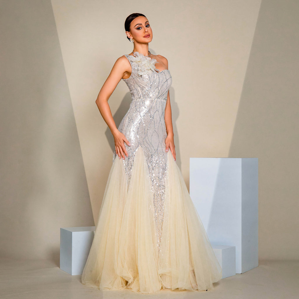 One-shoulder Diagonal Collar Slim-fit Sheath Sequined Slit Evening Dress