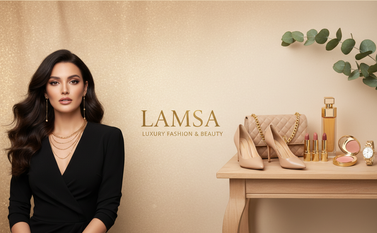 Woman in a black outfit with LAMSA branding, featuring fashion and beauty products on a table.